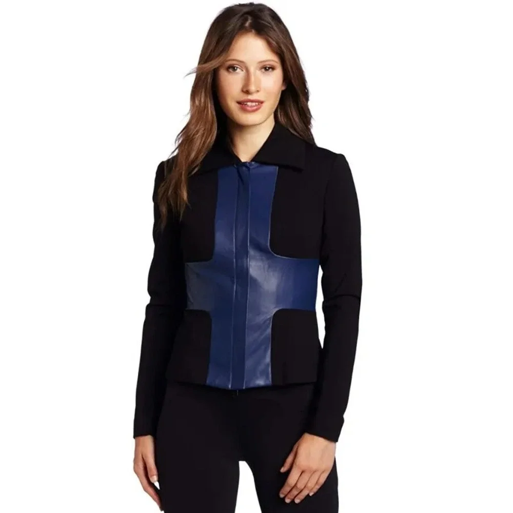 ROBERT RODRIGUEZ  SCUBA NAVY LEATHER COLORBLOCK MOTO JACKET SKIRT SUIT SET 2/4